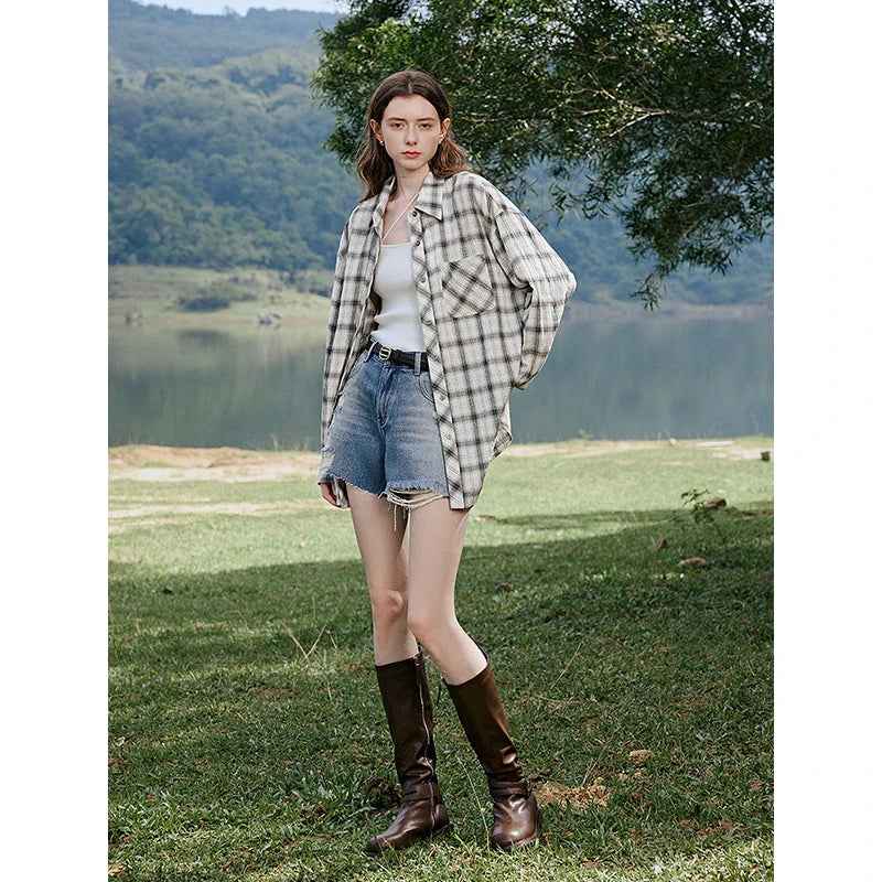 Women Plaid Retro Long Sleeve Blouse Shirt
