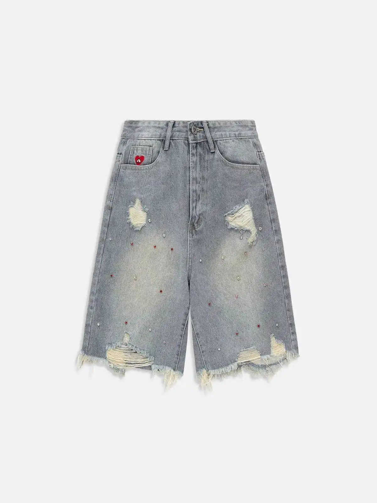 Rhinestone Embellished Pattern Embroidered Straight Denim Shorts