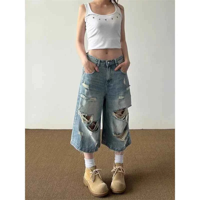 Streetwear Comfort Distressed Wide Leg Denim Jorts