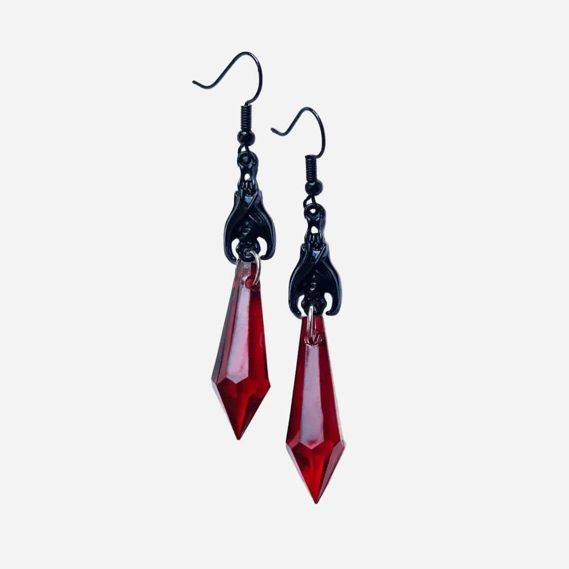Gothic Black Bat Red Teardrop Earrings