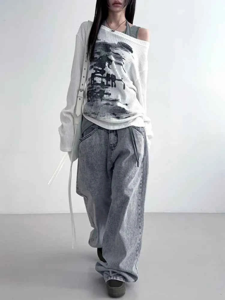 Sweet Grunge Collar Printing Long Sleeve T-Shirt