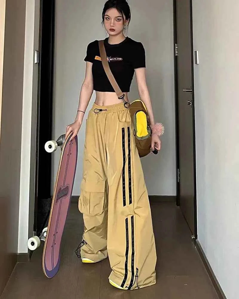 Women Hip Hop Striped Loose Wide Cargo Sweatpants