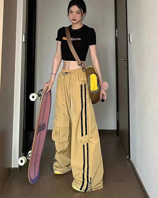 Women Hip Hop Striped Loose Wide Cargo Sweatpants