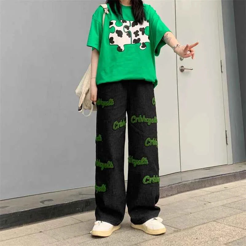 Elastic High Waist Flocked Embroidered Jeans