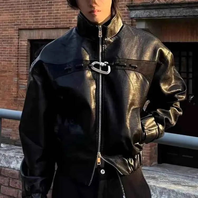 Black Stand Collar PU Leather Jacket