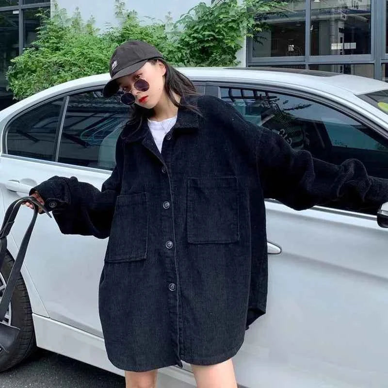 Women Black Corduroy Loose Fit Jacket