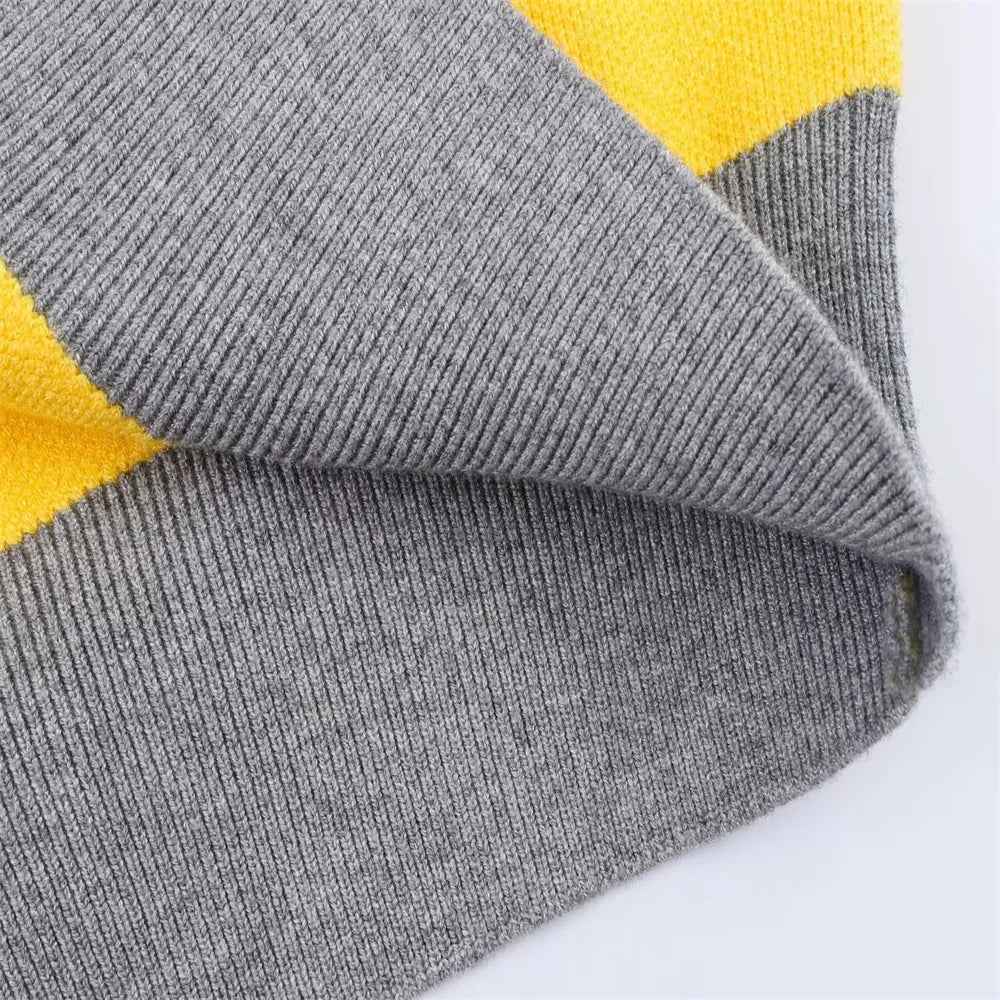 Insulated V-Neck Collar Striped Knit Polo Sweater