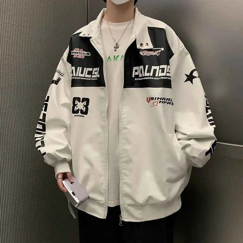 Oversized Embroidery Leather Racing Graphic Jacket