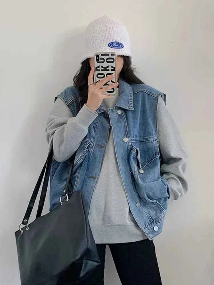 Blue Retro Loose Workwear Denim Jacket