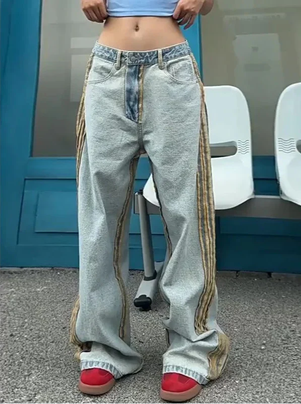 Street Edge Line Contrast Stripe Wide-Leg Jeans - Luxuryurbanwear