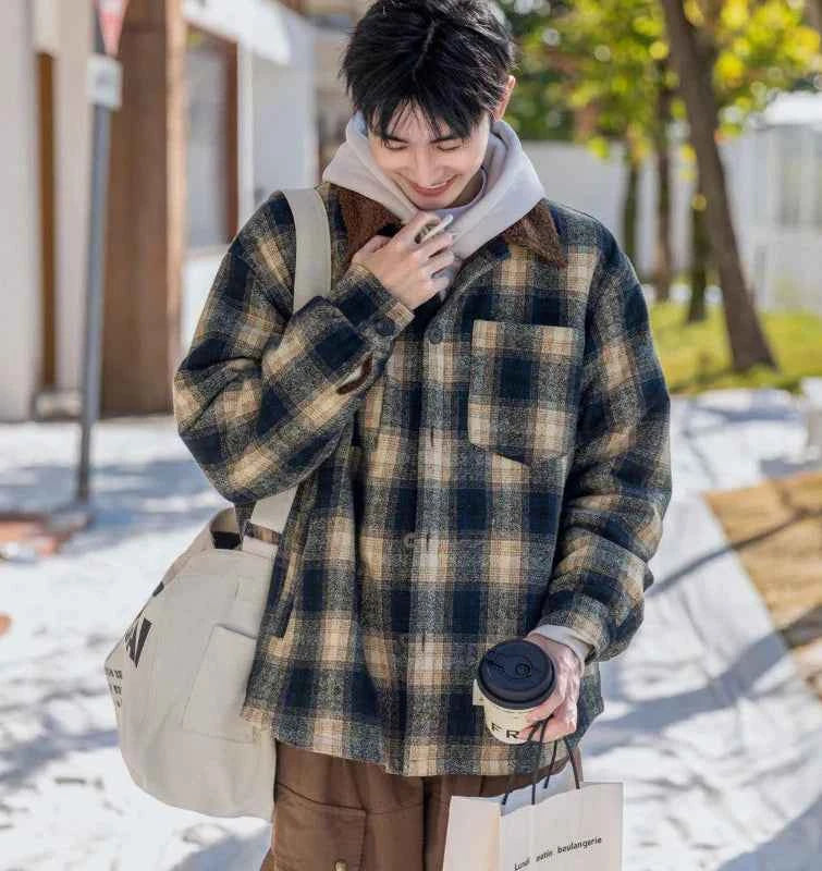 Japanese Style Thick Plaid Wool Parkas Jacket