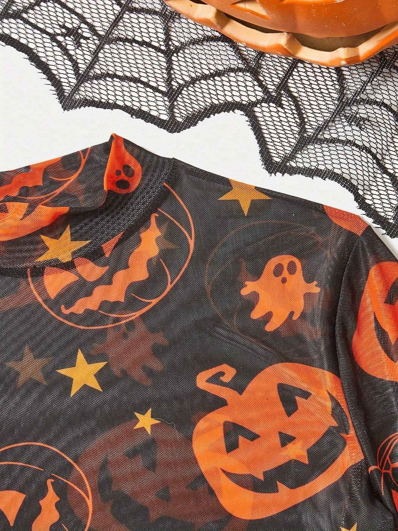 Halloween Pumpkin Pattern Mesh American T-Shirt