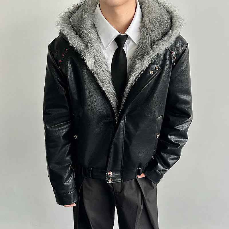 Soft Patchwork Hooded Faux Fur Leather Jacket