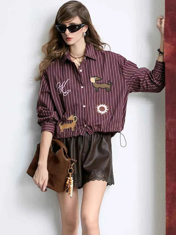 Cute Striped Cartoon Dog Embroidered Shirt