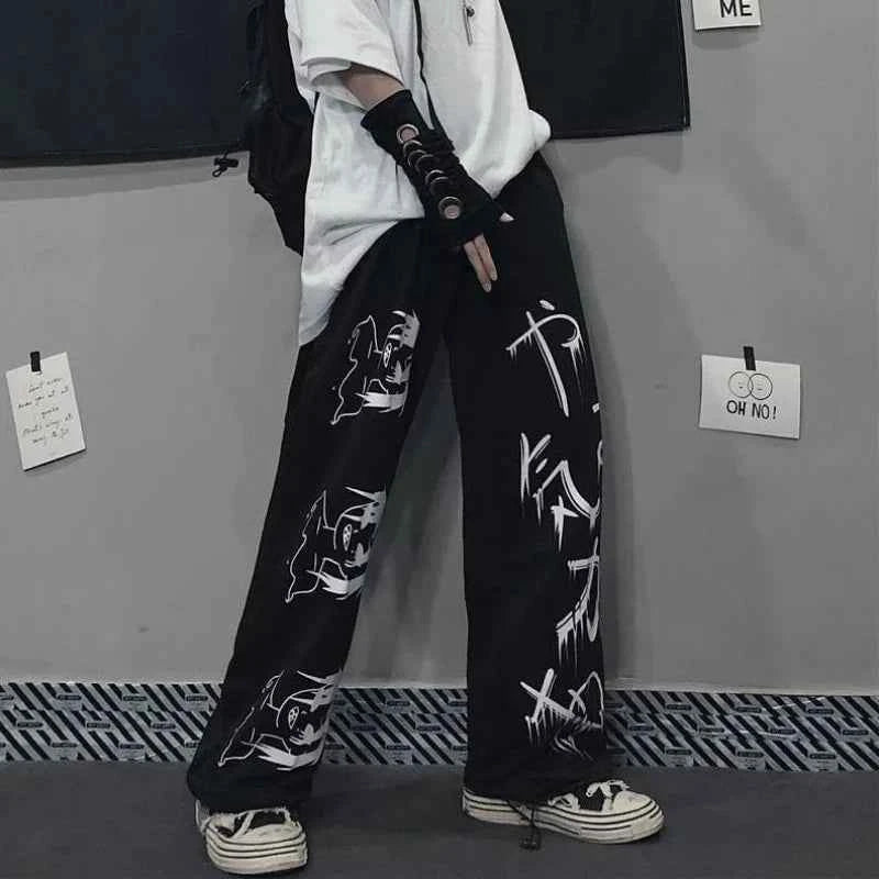 Y2K Japanese Anime Printed Black Pants
