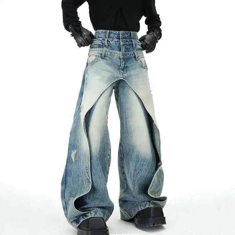 Men Layered Patchwork Wide Leg Jeans