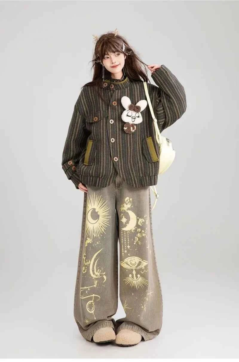 Effortless Graffiti Print Loose Vintage Wide Leg Jeans