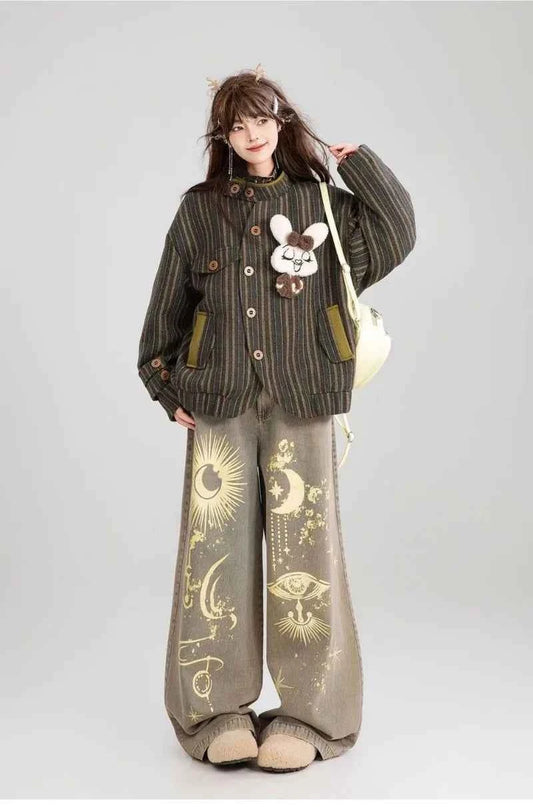 Effortless Graffiti Print Loose Vintage Wide Leg Jeans