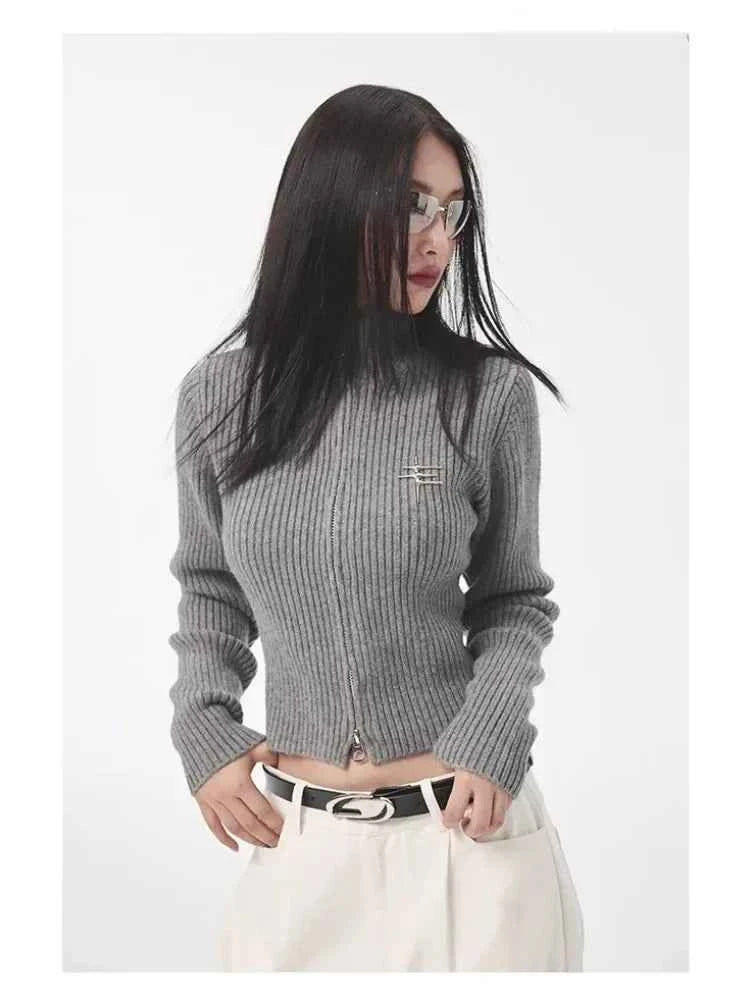 Women Vintage Grey Zipper Sweatshirt