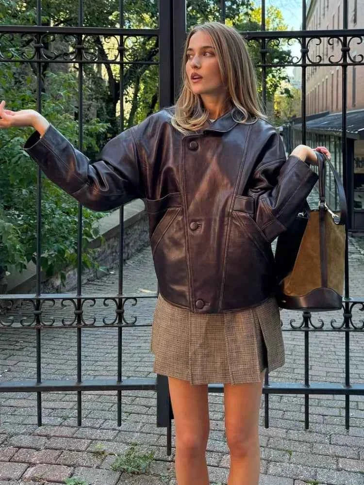 Burgundy Faux Long Sleeve Leather Jacket