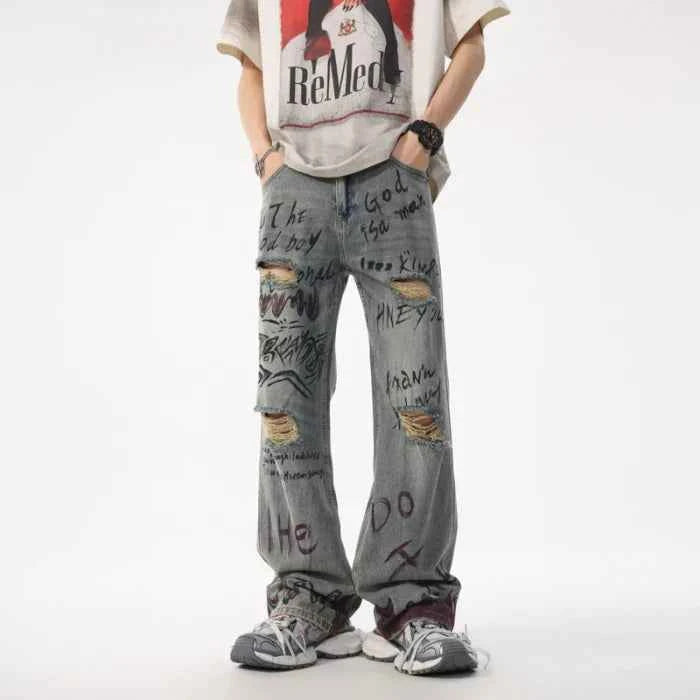 Sporty Edge Graffiti Loose Straight Retro Jeans