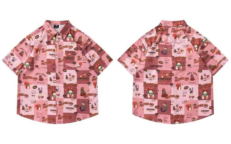 Vibrant Cartoon Graphic Button-Up Beach Shirt