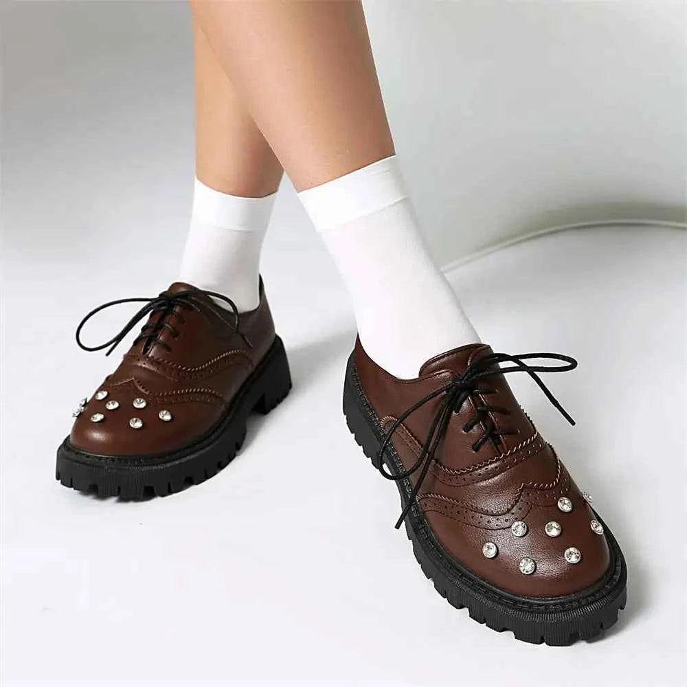 Vintage Rhinestone Brogue Lace-Up Chunky Heels Shoes