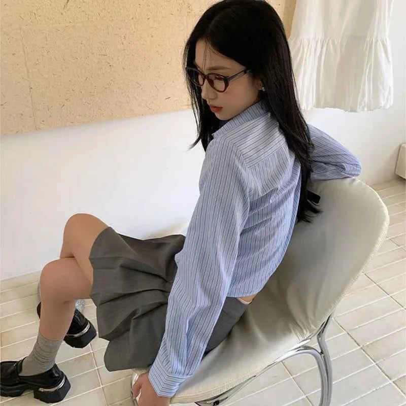 Women Classic Chic Blue Striped Long Sleeve Shirt