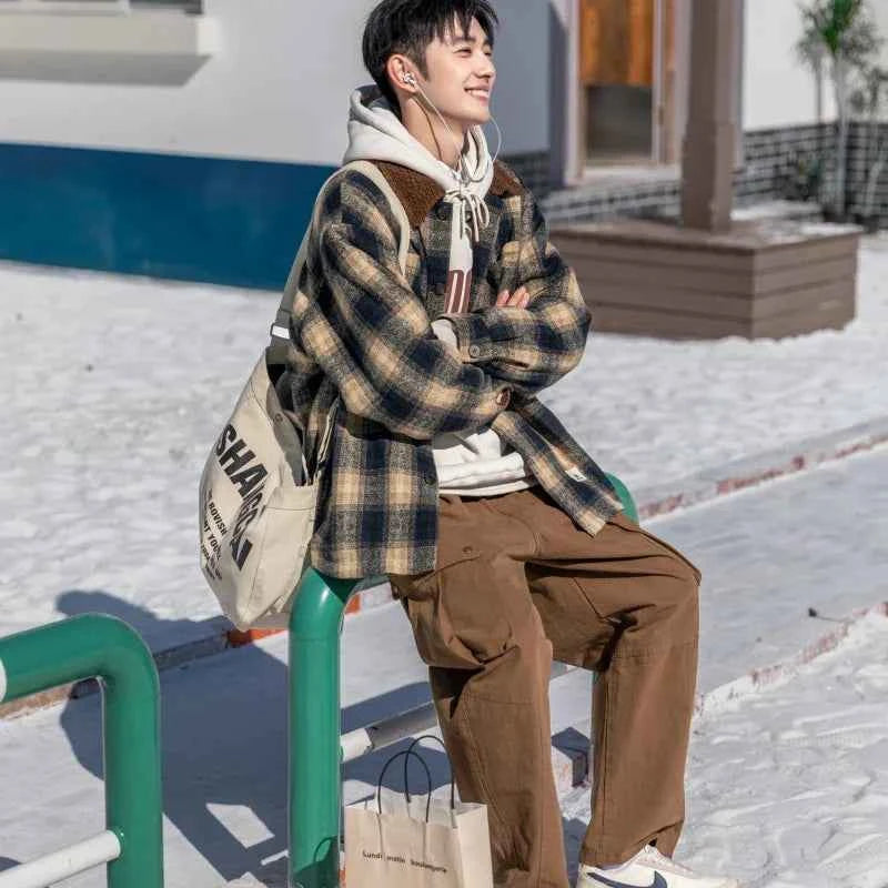 Japanese Style Thick Plaid Wool Parkas Jacket