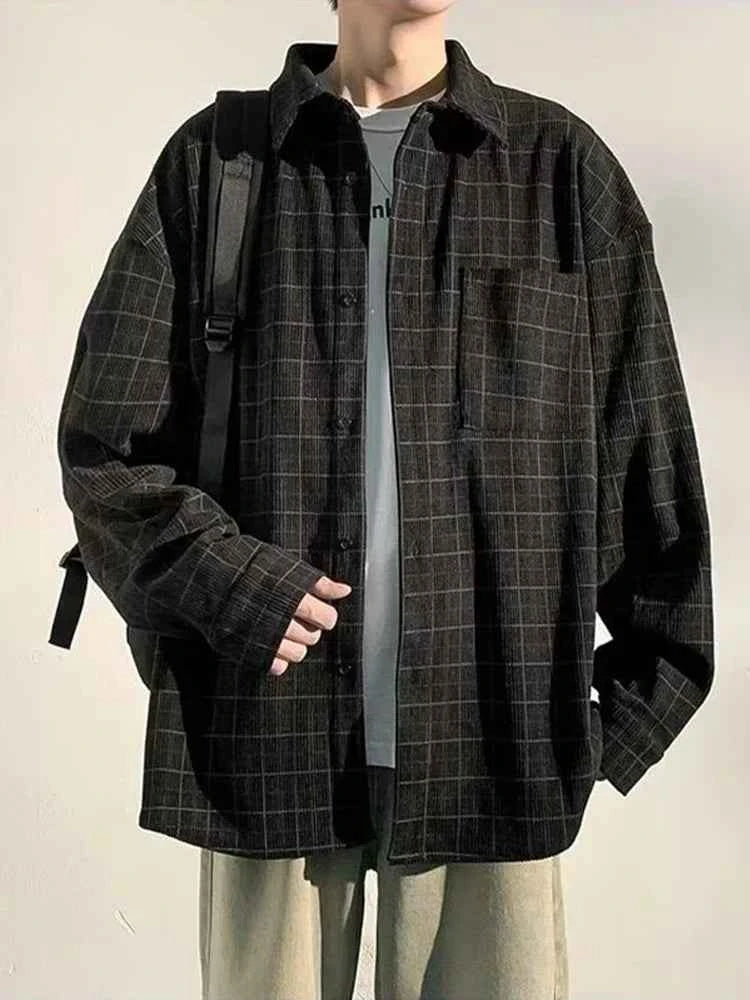 Men's Retro Plaid Hip Hop Corduroy Shirt