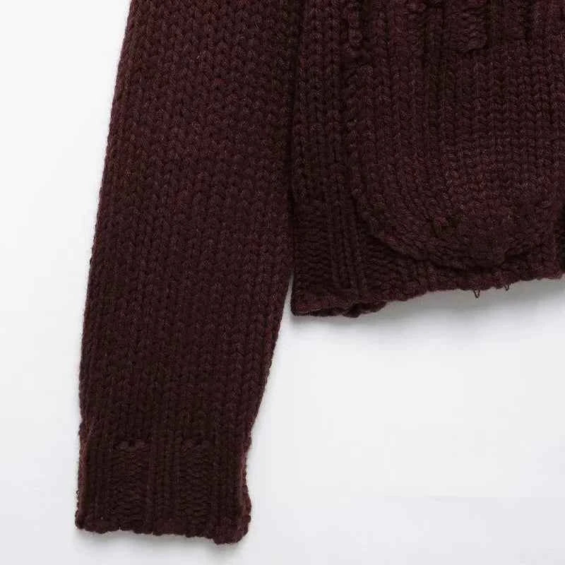 Fashionable Wine Red Knitted Lapel Neck Cardigan