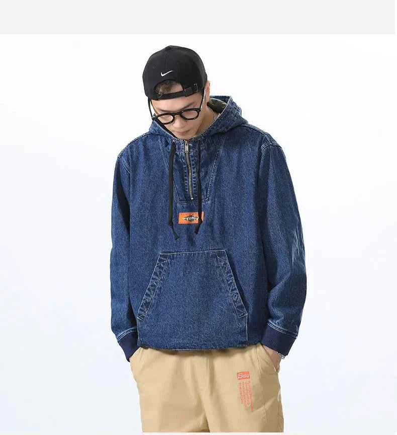 Streetwear Casual Loose Half Zipper Denim Hoodie