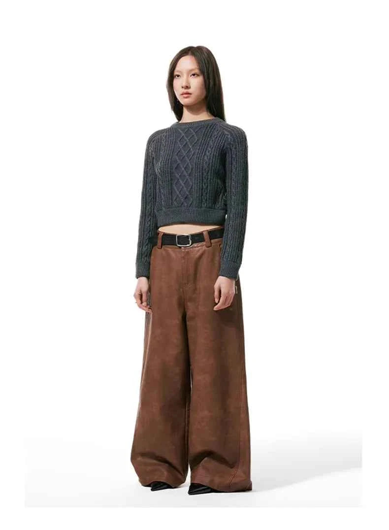 Women Luxury Brown Wide Leg Leather Pants