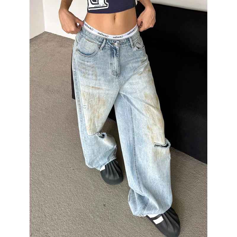 Chic Washed Distressed Korean Style High Waist Jeans