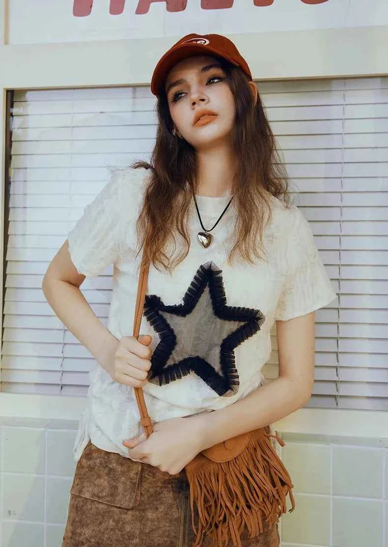 Y2K Star Print Oversized Drawstring T-Shirt