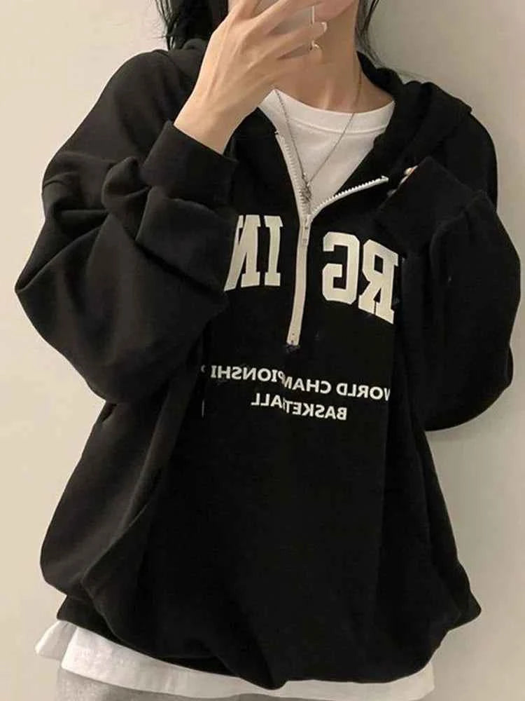 Cozy Zip-Up Letter Print Half Zipper Hoodie