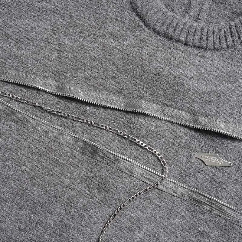 Streetwear Distressed Chain Detail Zipper Knit Sweater