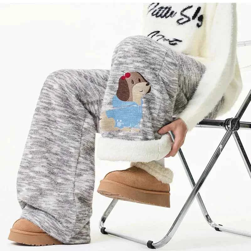 Winter Embroidery Cartoon Pattern Elastic Sweatpants