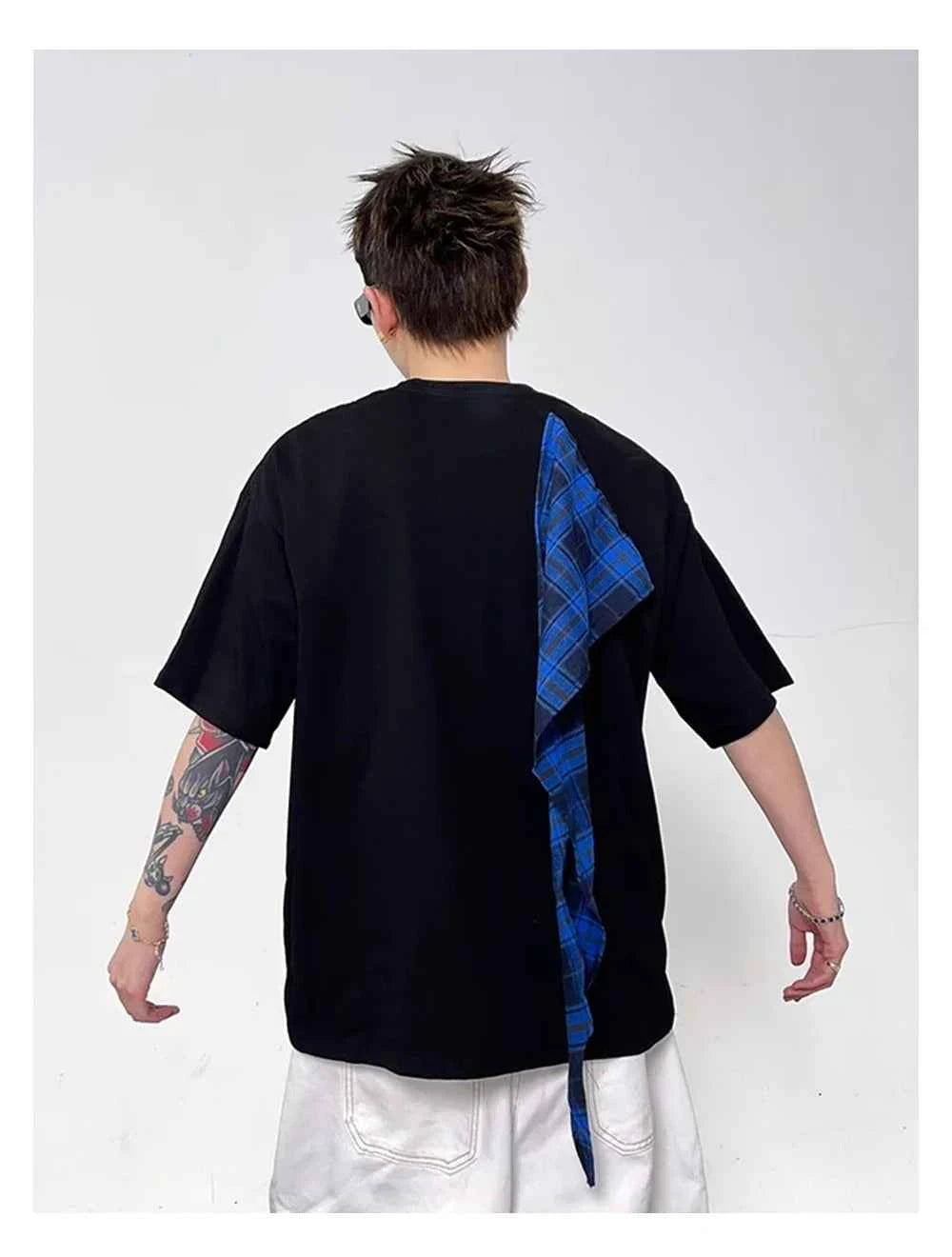 Streetwear Loose Plaid Patchwork Crew Neck T-Shirt