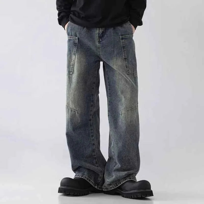 Retro Blue Korean Style Workwear Cargo Jeans
