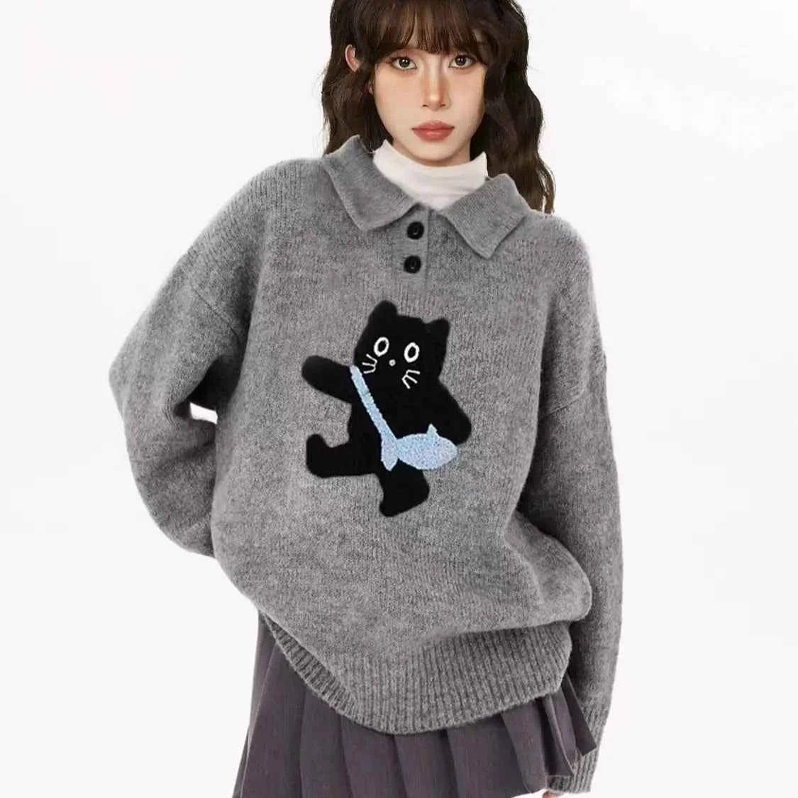 Winter Y2K Cozy Gray Cat Knit Sweater