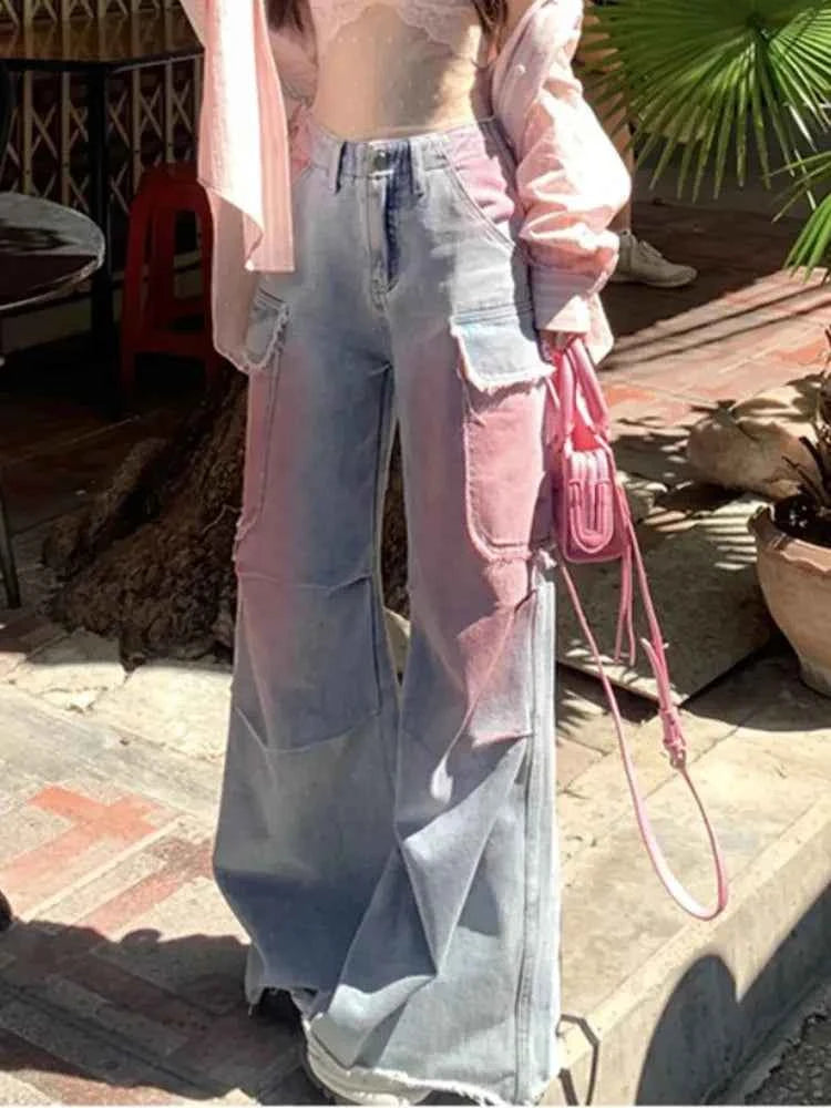 Women High Waist Loose Cool Tie Cargo Jeans