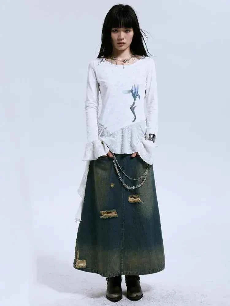 Yedinas Patchwork Gothic Graphic Long T-Shirt
