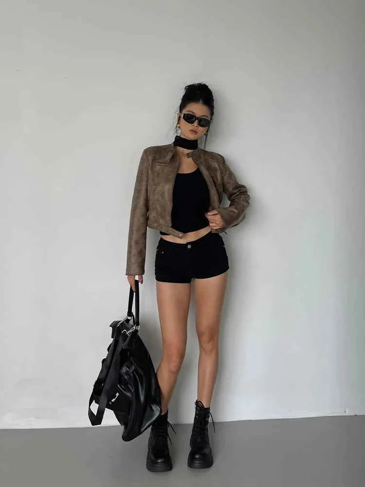 Women Retro Slim Stand Collar Leather Jacket