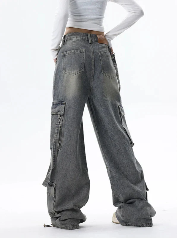Women Gray High Waist Wide Leg Blue Baggy Jeans - Luxuryurbanwear