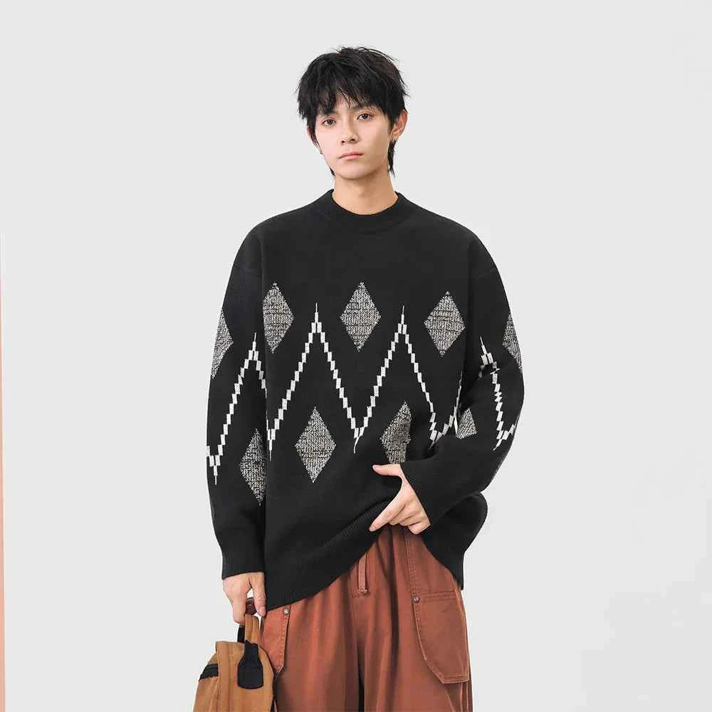 Cozy Argyle Knit Crew Neck Classic Sweater