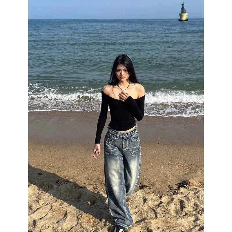 Versatile Streetwear Blue High Waisted Wide Leg Jeans