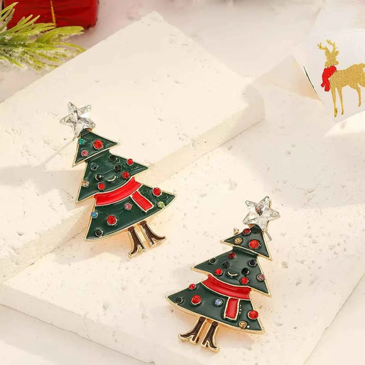 Green Red Crystal Christmas Tree Earrings