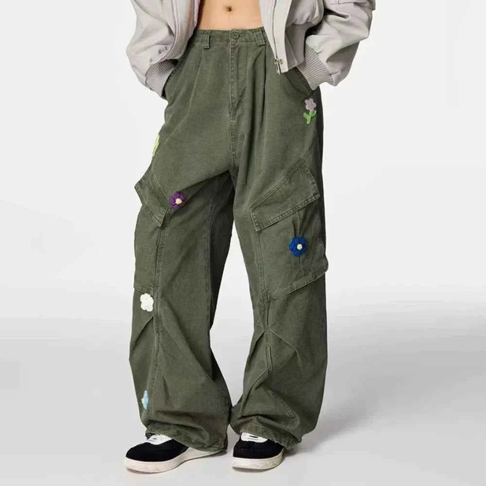 Floral Embroidered Loose Straight Cargo Pants