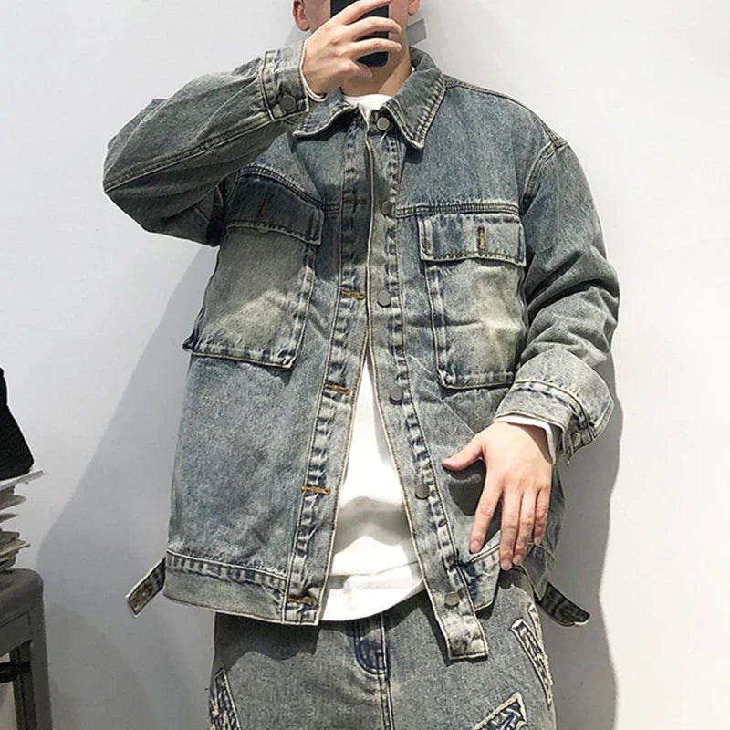 Tied Die Lapel Button Up Jean Jacket